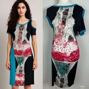 Save The Queen Italy Printed Dress Womens Size Medium Sheer Lightweight Cut Out‎